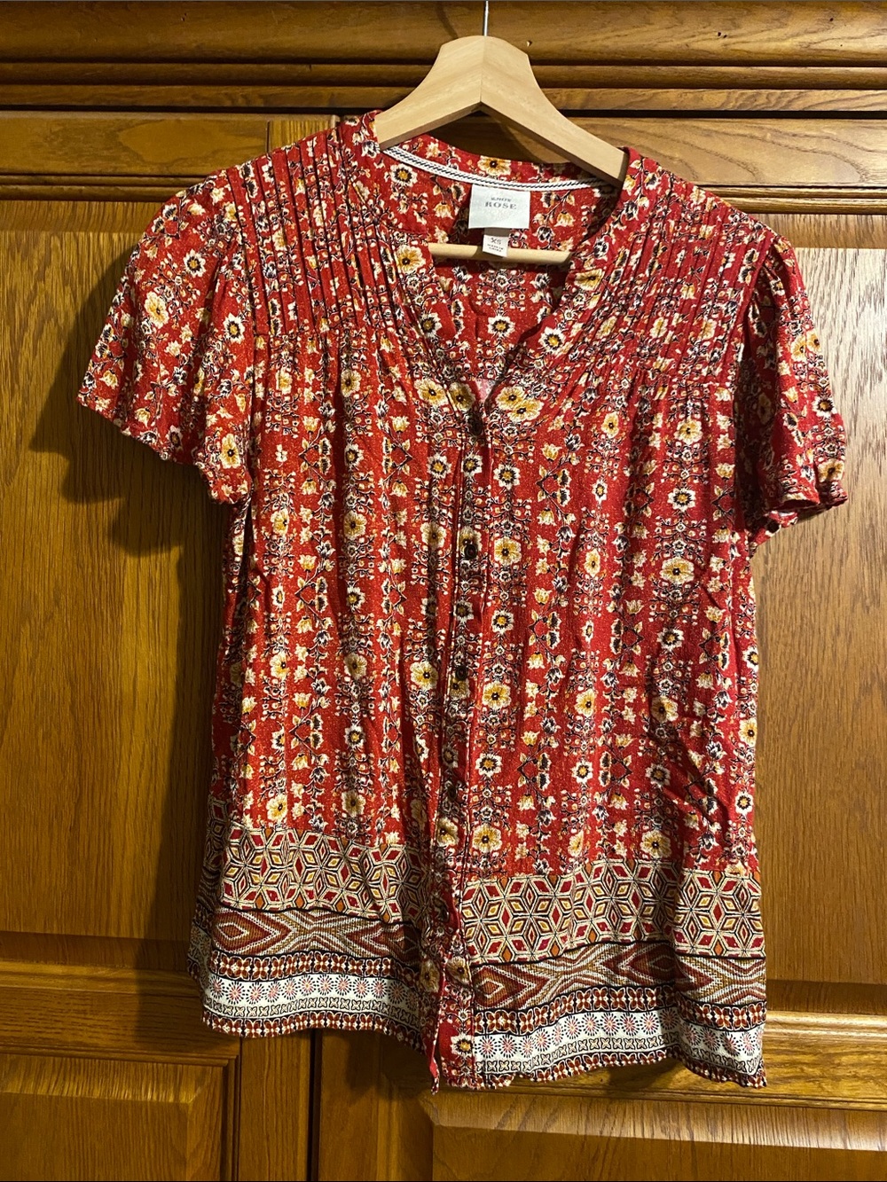 Knox Rose Red Paisley Border Print Pintuck Button Blouse